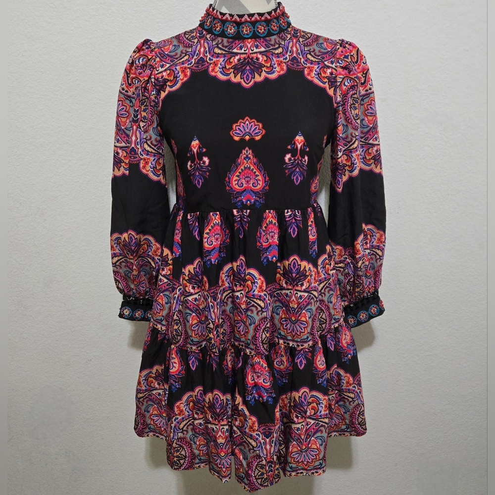 Anthropologie Boho Mini Dress Long Sleeve Paisley Print Mock Neck Size 0P